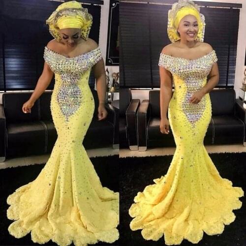 Yellow Prom Dresses Mermaid Off The Shoulder Crystals South African Long Prom Gown Evening Dresses Robe De Soiree