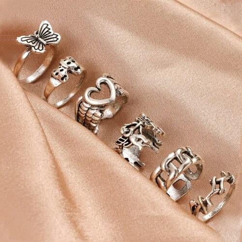 Vintage Silver Plated Angel Wings Ring for Womens Gothic Punk Steampunk Heart Butterfly Skull Ring Sets Party Jewelry 2021