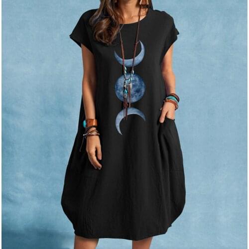 Women Casual O-neck Print Dress Short Sleeve Loose Pocket Cotton And Line Dress Plus Size Straight Knee Length Summer Dress 40
