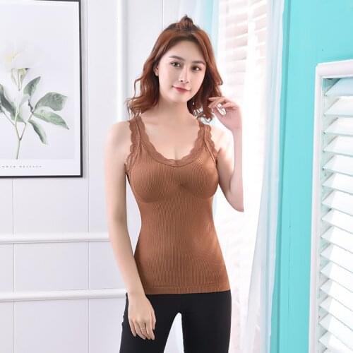 Vest With Pads Elastic Shoulder Straps Ladies Thermal Underwear Plush Warm Top Women Seamless Velvet Sling Double