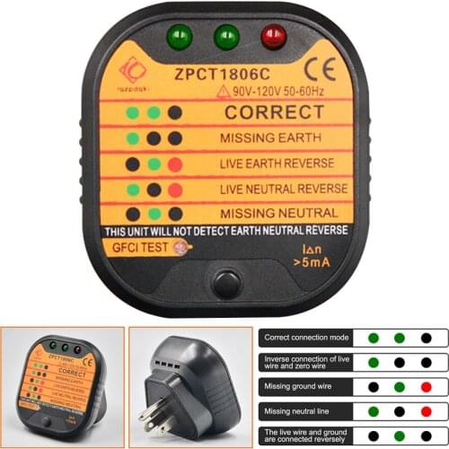 ZPCT1806C US Outlet Socket Tester Detector Circuit Polarity Voltage Plugs Breaker Ground Zero Line Switch Safety Electroscope