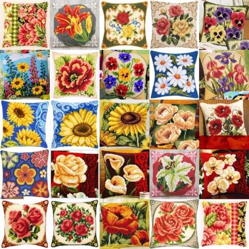 1flowers 02 NEW DIY Needlework Kit Acrylic Yarn Embroidery Pillow Tapestry Canvas Cushion Front Cross Stitch Pillowcase