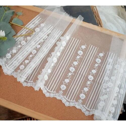 1yard 23 cm Width striped flower embroidered lace trim white Mesh bridal gown lace fabrics lingerie wedding Dress clothes sewing