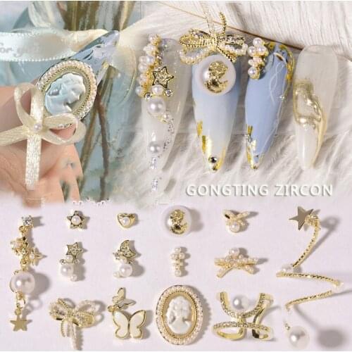 3PCS, 3d Nail Art Elegant Shapes Gold Alloy With Zircon Crystal Rhinestones For Nail Tips Decorations