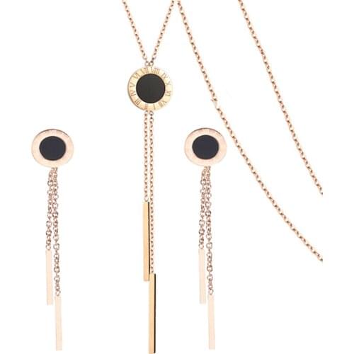 316L Stainless Steel Rose Gold Tassel Strip Black Enamel Roman Numerals Necklace Earring Set Wedding Jewelry Set