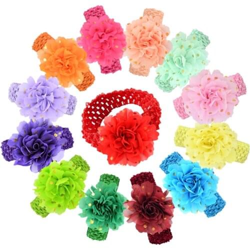 5pcs/lot Newborn Chiffon Flower Headband with Golden Dots Handmade Crochet Elastic Hairband Toddler Hair Ornaments 23 Colors