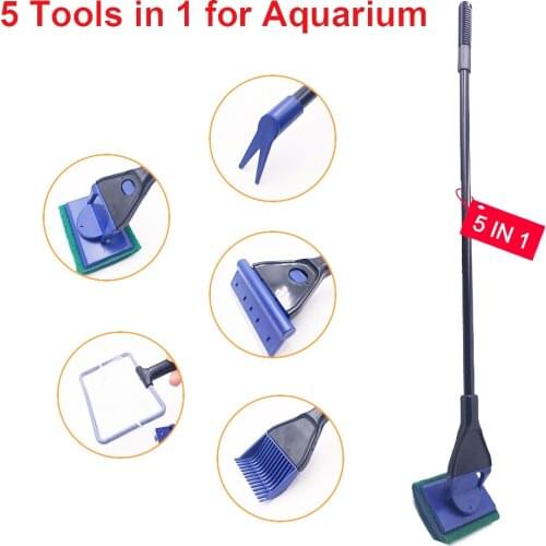 5 In 1 Aquarium Tank Cleaner Set Fish Net Gravel Rake Algae Scraper Grass Fork Sponge Brush Glass Fish Tank Cleaning Tools
