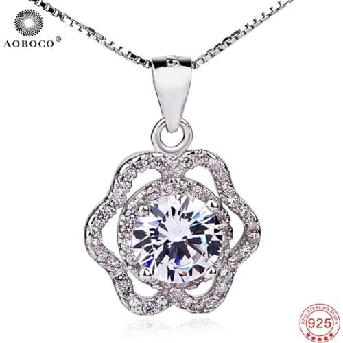 AOBOCO 100% Fine 925 Sterling Silver Necklaces Classic Crystal Flower Pendants For Women Necklaces Fine Jewelry GiftsGNX0297-B