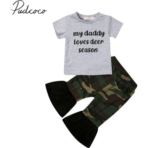 2019 Baby Summer Clothing Newborn Baby Girl Boy Letter Print Tops Short Sleeve T-shirt Flare Camo Pants Outfits 2PCS Clothes Set