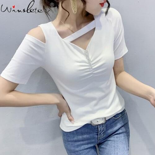 Summer European Style Cotton T-Shirt Solid Fashion Sexy Hollow Out Shiny Diamonds Women Tops Short Sleeve All Match Tees T16206A