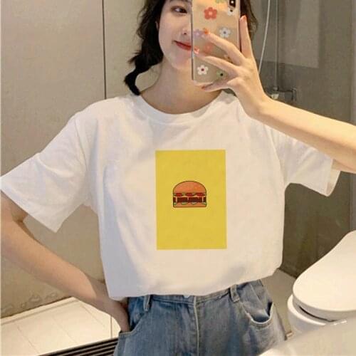 Summer Top Tee Hamburger Printed Lady O-Neck T-shirt Funny Graphic T-shirt Femme Clothing Harajuku White T-shirt Oversized