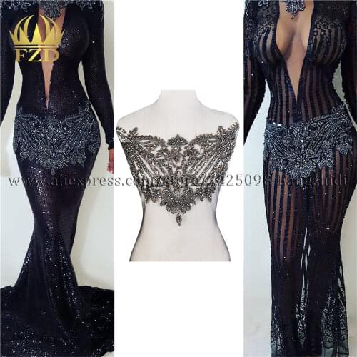 FZD 1 Piece Elegant gun Black Stone Patches applique sequin and Rhinestone with Gauze for Wedding Dress, DIY Decorative Clothes