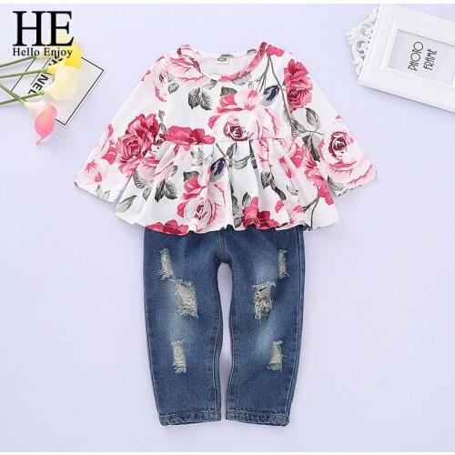HE Hello Enjoy Girls Clothes 2020 New Toddler Girl Casual Outfits Kids Cute Flowers and Denim Pants Suits Elegant Kid Clothing