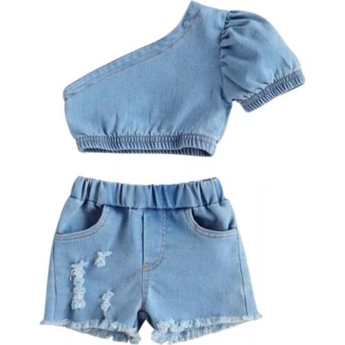 Girl´s Two Piece Set, Kid´s Single Shoulder Crop Tops Denim Shorts With Pockets for Children