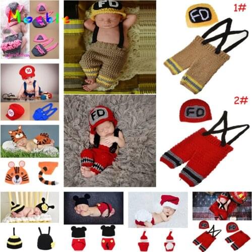 Crochet Firefighter Baby Boy Photo Props Infant Kid Hat Clothes Set Knitted Newborn Hat Pants Set for Photography 1set MZS-15037