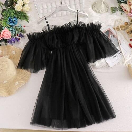 Summer Solid Sweet Strap Dress for Women Elegant Slash Neck Princess Sexy Mini Dress Gauze Loose Pretty Party korean Dress 2021