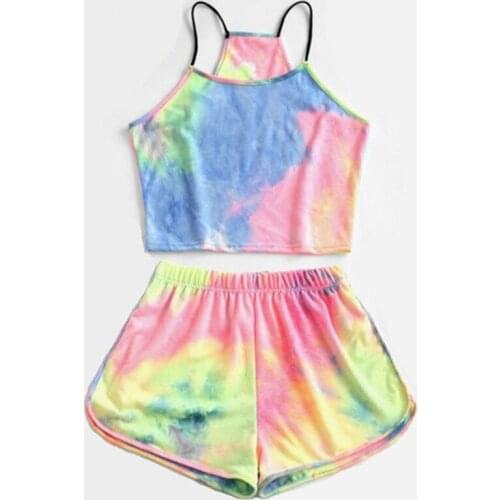 Summer Two Piece Yoga Set Women Sleeveless Strappy Short Tie-dye Print Cami Belt Top And Pants Suit Summer Clothes For Women