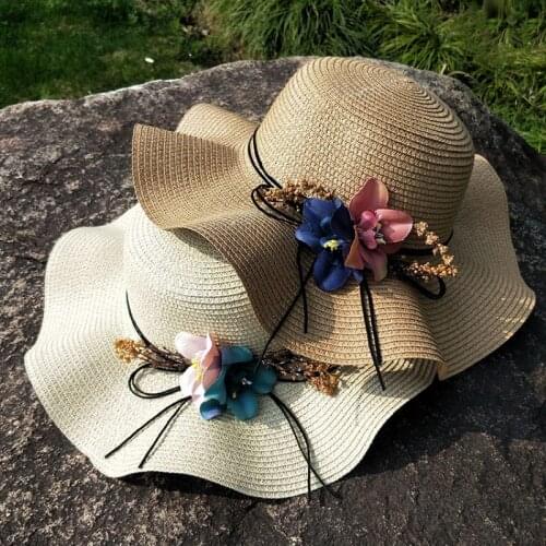 Summer womens sunshade hat flower straw hat outdoor large eaves sunscreen Beach Hat folding