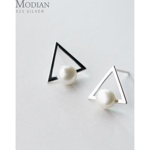 Modian New Arrival 925 Sterling Silver Triangle Natural Pearl Stud Earrings for Women Fashion Silver Earrings Charm Jewelry 2020