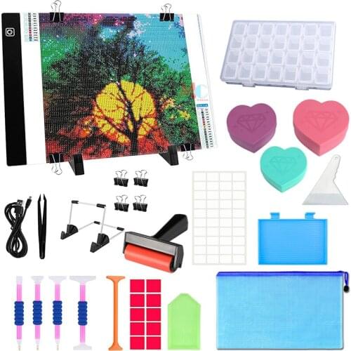 Diamond Painting Cross Stitch Tool Set A4 LED Light Pad, Pen, Tweezers, Clay, Tray, Roller and Diamond Embroidery Box Accessorie