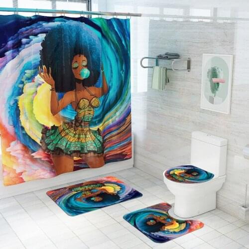 Bath Mat Set Polyester Waterproof Shower Curtain and Bath Mat Set African Woman Printed Anti-slip Floor Carpet for Toilet