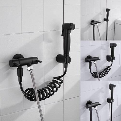 Wall Mounted Matt Black ABS/Stainless Steel/Brass Shattaff Bidet Sprayer Shower Set for Bathroom toilet Spring PVC SS Hose