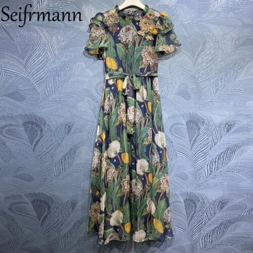 Seifrmann New 2021 Summer Women Fashion Designer Holiday Maxi Dress Petal Sleeve Ruffles Bow Sashes Floral Print Ladies Dresses