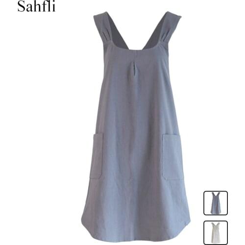 Simple Japanese and Korean Style Cotton Linen Female Adult Home Comfortable Loose Blouse Sleeveless Apron Double Sides Pocket
