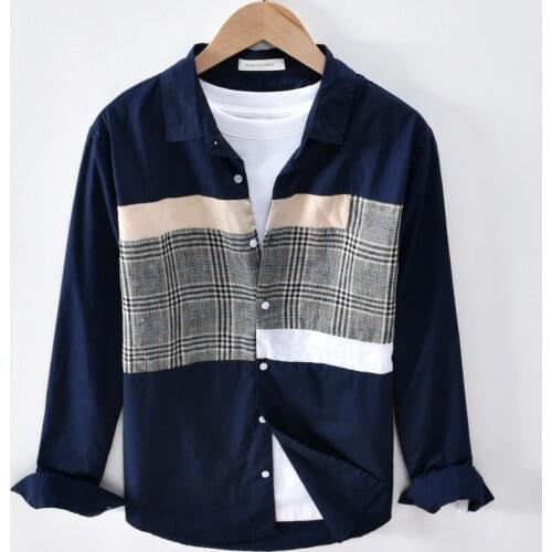 Plaid Patchwork Shirt for Men Long Sleeve Turn-down Collar Button Up Shirt Male Casual All-match Basic Fashion Clothing
