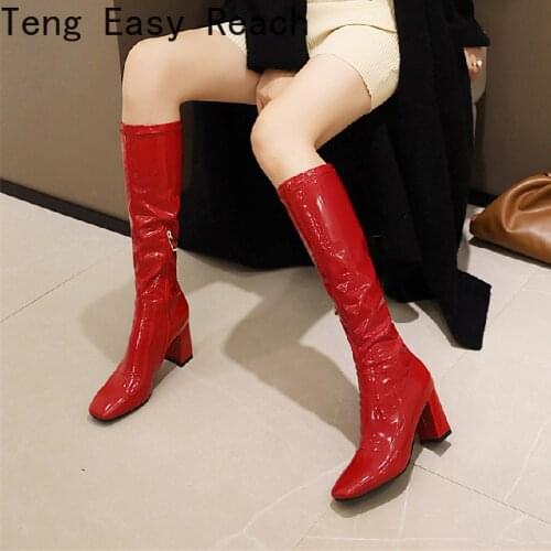 Patent PU Leather Knee High Boots for Women Comfortable Thick Heel Ladies Boots Side Zipper Women Winter Boots Black Red White