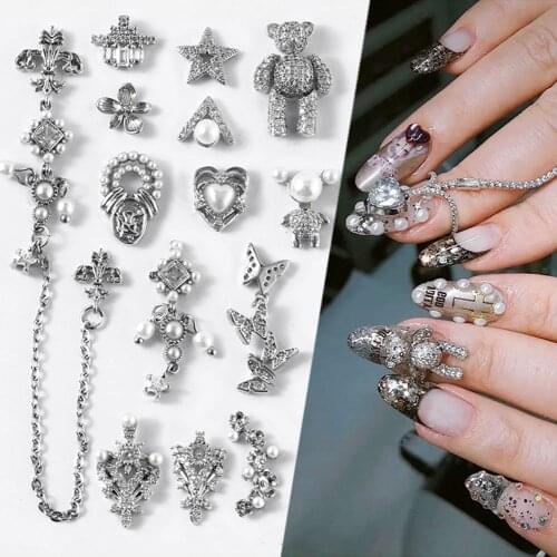 Silver Zircon Nail Art Rhinestones 3D Bear Butterfly Flower Cross Tassel Chains Pearls Nail Decorations Jewelry DIY Accessories