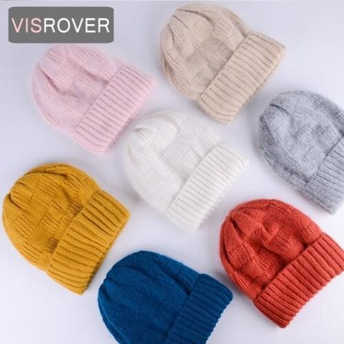 VISROVER 7 Colorway Unisex Solid Checked Rabbit Fur Woman Winter Hat Bright Autumn Bonnet Acrylic Man Woman Warm Skullies Gift