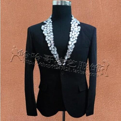 Rhinestone Acrylic clothes men suits designs masculino homme terno stage singers jacket mens blazer dance star style black white