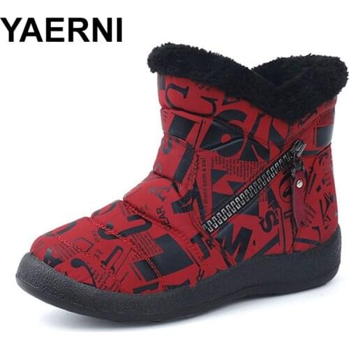 YAERNI Women Winter Snow Boots Ladies Short Plush Female Warm Flats Female Waterproof Shoes Women Zipper Fur Shoes Plus Size 43