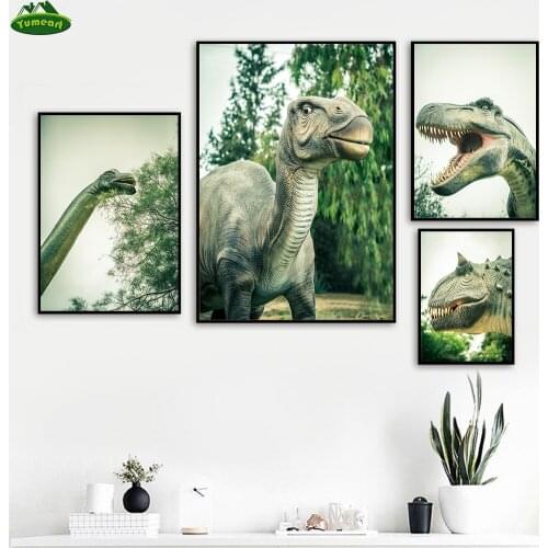 Yumeart Nordic Watercolor Art Decor Dinosaur Animal Tyrannosaurus Dinosaur Poster Mural for Children Room Decor Canvas Painting