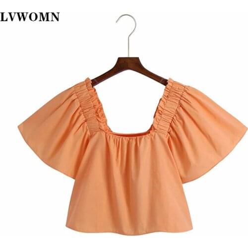 LVWOMN Za Summer Women Blouses 2021 Fashion Top Women Poplin Short Sleeve Sexy Blouse Short Women Clothing Tops Chic