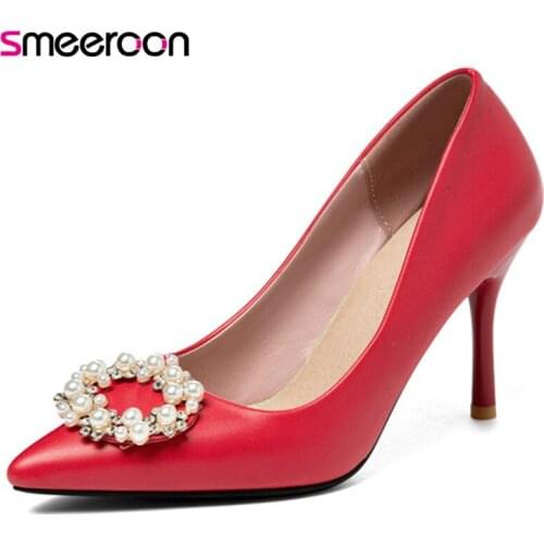 Smeeroon 2021 Big Size 45 Thin High Heels Party Wedding Shoes Women Single Shoes Pointed Toe Crystal Women Pumps Red