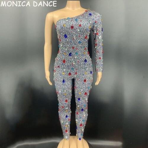 Women Sexy Stage Multi-color Glass Rhinestones Jumpsuit Women Birthday Celebrate One Sleeve Outfit Nightclub Bar Singer Jumpsuit