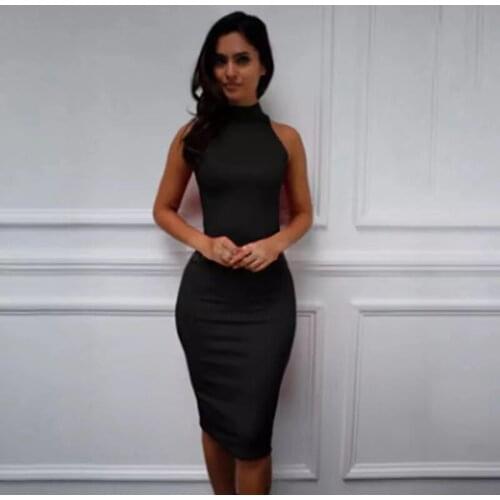 Spring Summer Fashion Turtleneck Sleeveless Elegant Pencil Dress Women Sexy Club Party Bodycon Bandage Slim Evening Dress