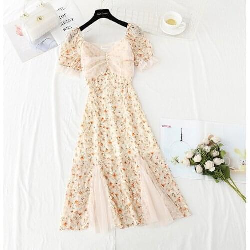 2021 Summer Womens Dress Korean Retro V-neck Beaded Mesh Stitching Puff Sleeve Dress New Waist Female Slim Dresses FC231