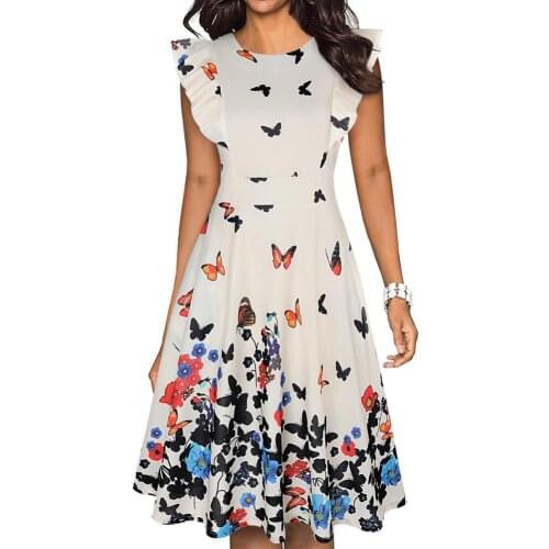 Floral Print Flowy Hem Tunic Dress Women Flared Sleeve O Neck A-Line Midi Dress Workwear