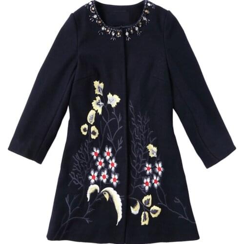 XXXXL Wool Coat 2018 Autumn Winter Fashion Outerwear Coats Women Diamond Beading Exquisite Embroidery Patchwork Vintage Coat 50s