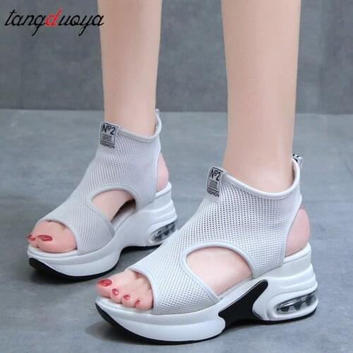 2020 Hollow Women Sports Sandals Platform Wedges Heels Knit Woman Shoes Fish Mouth Thick Bottoms Summer Ladies Rome Shoes