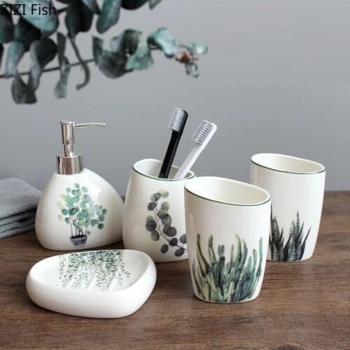 Ceramic Toiletries Bathroom Set Green Plants Cup Toothbrush Holder Soap Dispenser Tray Bathroom Decoration Accessories 5pcs
