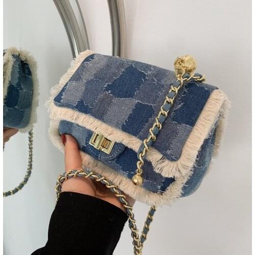 Beibao is popular this year, womens 2021 new fashion net red chain messenger bag denim small square bag