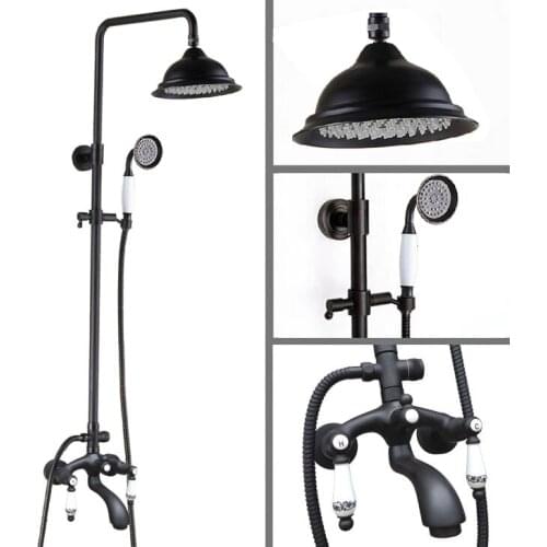 Black Oil Rubbed Brass Dual Ceramic Handles Bathroom 8 Inch Round Rain Shower Faucet Set Bath Tub Mixer Tap Hand Shower mhg134
