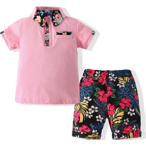Summer Baby Boy Gentleman Suit Short Sleeve White Pink Polo Shirt +Flower Pants 2 pcs Clothes Sets For Kids Girls Outfits Gifts
