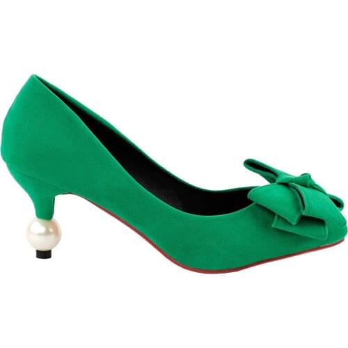 LF60414 Sexy Green Big Bow Stiletto Exquisite Bridal Evening Pointed Toe Pearl Heel Pump