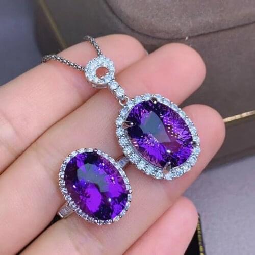 Best Gift Natural and Real Natural And Real Amethyst Set 925 sterling silver Fine jewelry 1pc Ring,1pc Pendant