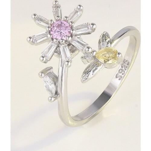 Fashion Rotating Sunflower Finger Rings Cute Little Bee Inlay Cubic Zircon Adjustable Size Jewelry For Women Cocktail Party Gift